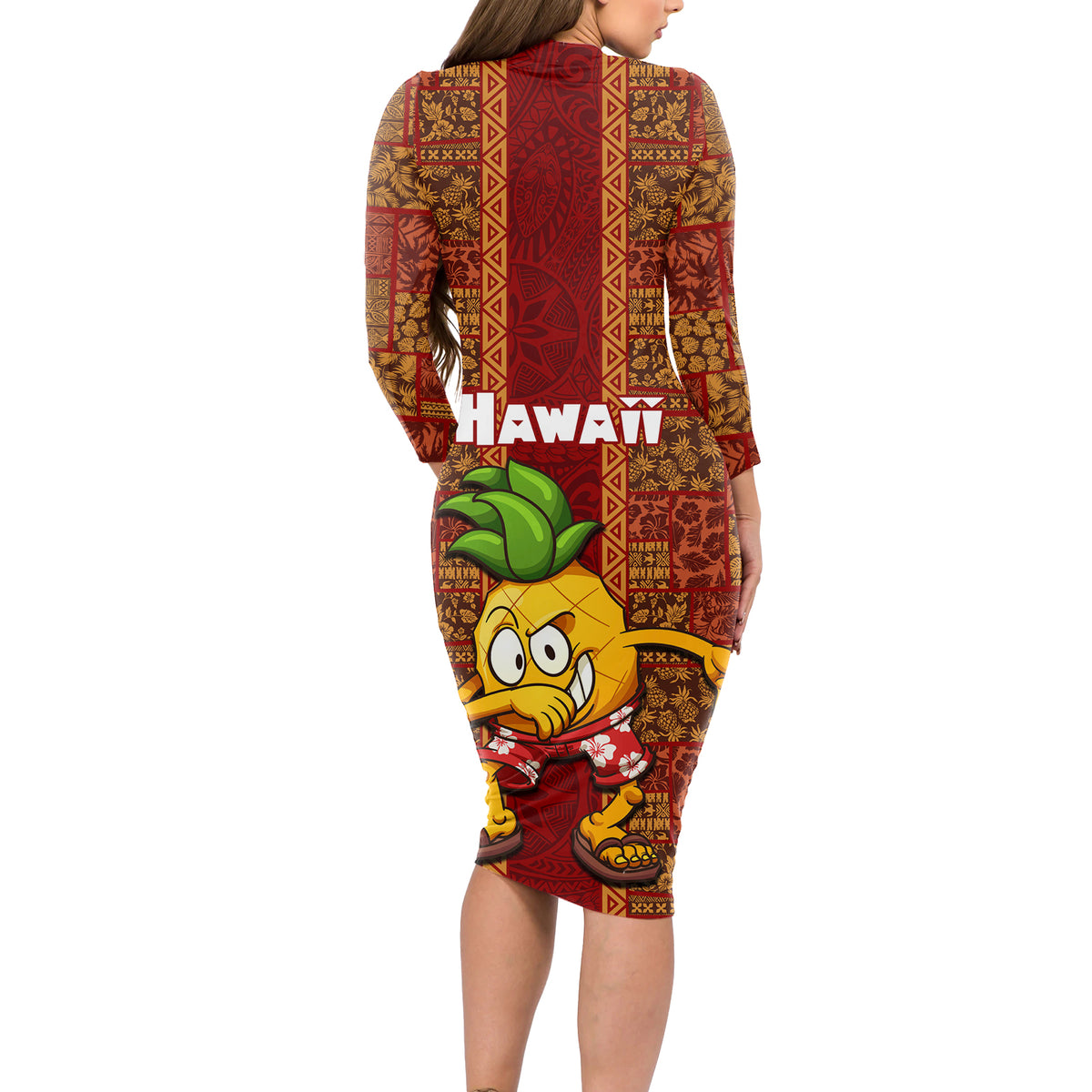 Hawaii Long Sleeve Bodycon Dress Aloha Funny Pineapple Mix Kakau Hawaiian Tribal LT03 - Polynesian Pride