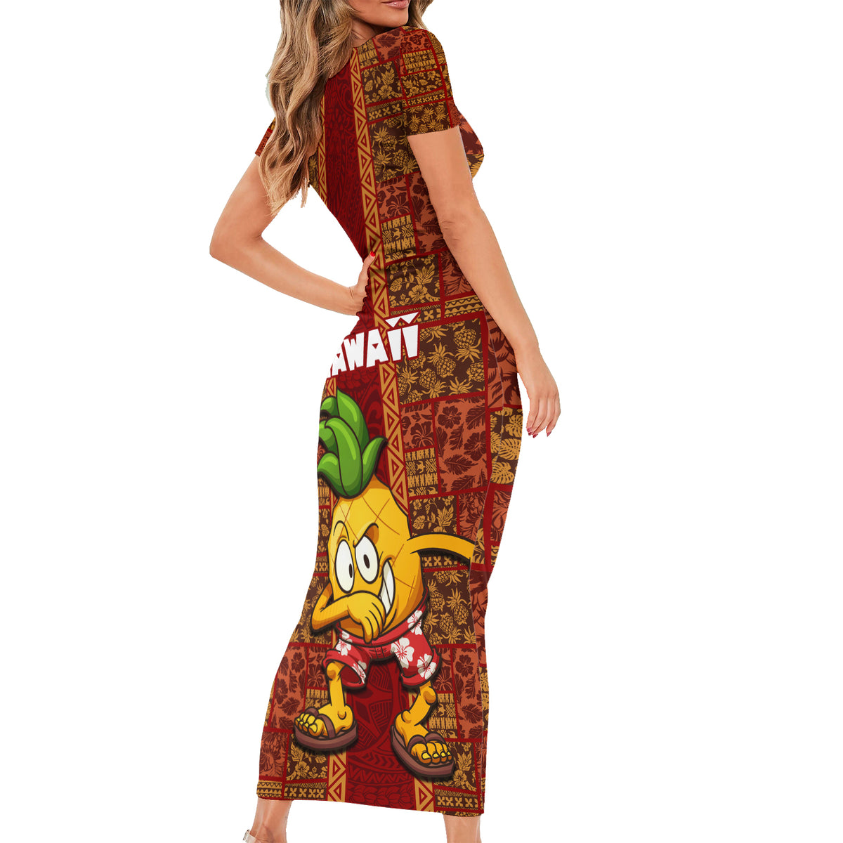 Hawaii Short Sleeve Bodycon Dress Aloha Funny Pineapple Mix Kakau Hawaiian Tribal LT03 - Polynesian Pride