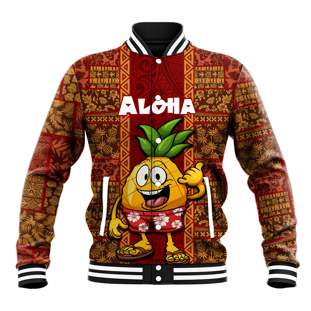 Custom Hawaii Baseball Jacket Aloha Funny Pineapple Mix Kakau Hawaiian Tribal LT03 Unisex Red - Polynesian Pride
