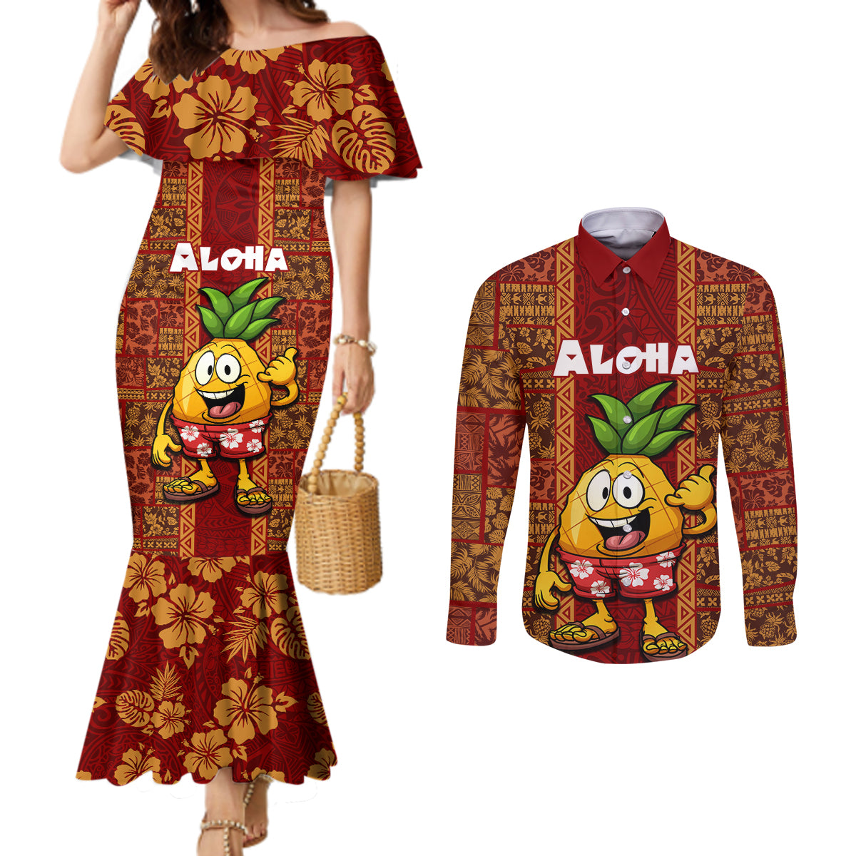 Custom Hawaii Couples Matching Mermaid Dress and Long Sleeve Button Shirt Aloha Funny Pineapple Mix Kakau Hawaiian Tribal LT03 Red - Polynesian Pride
