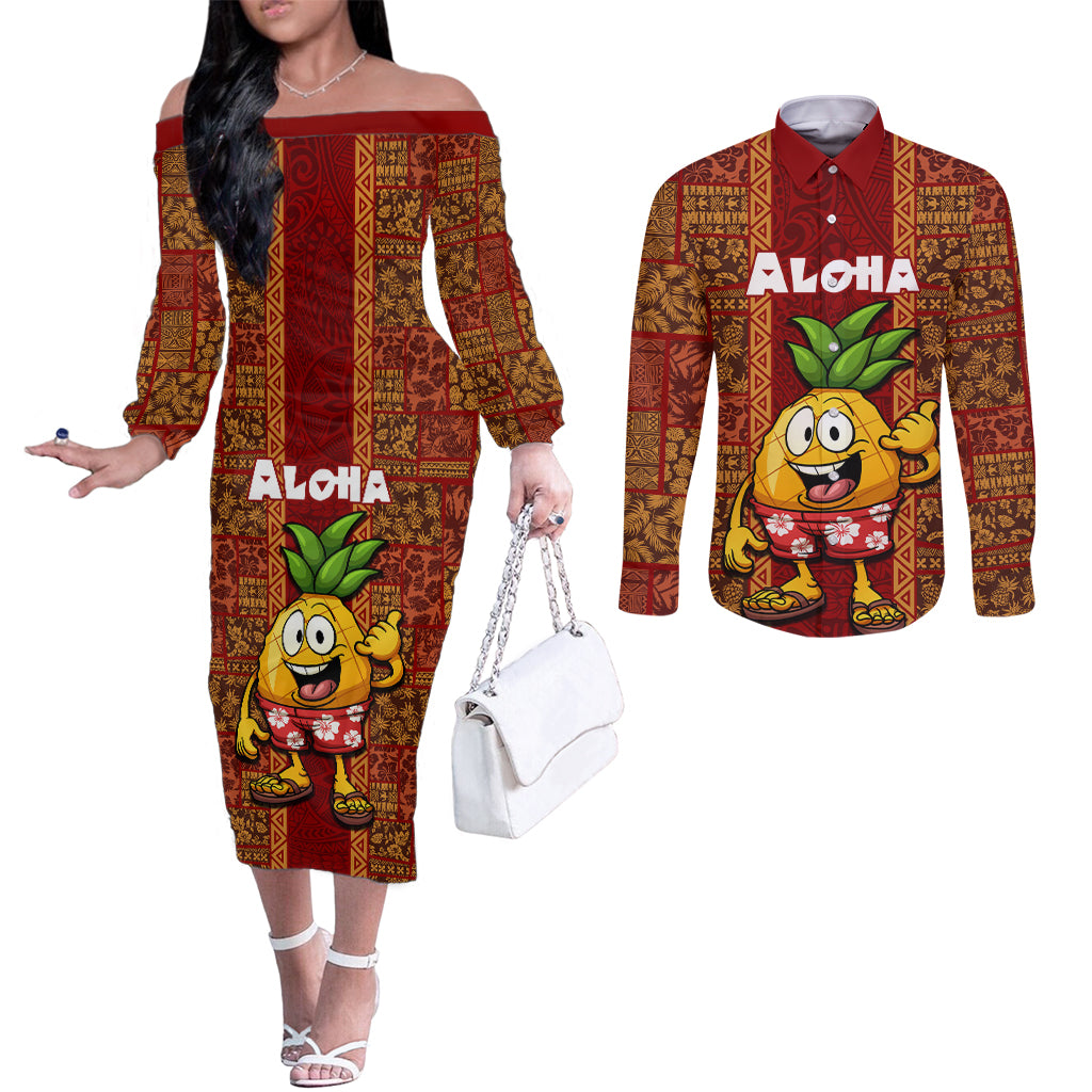 Custom Hawaii Couples Matching Off The Shoulder Long Sleeve Dress and Long Sleeve Button Shirt Aloha Funny Pineapple Mix Kakau Hawaiian Tribal LT03 Red - Polynesian Pride