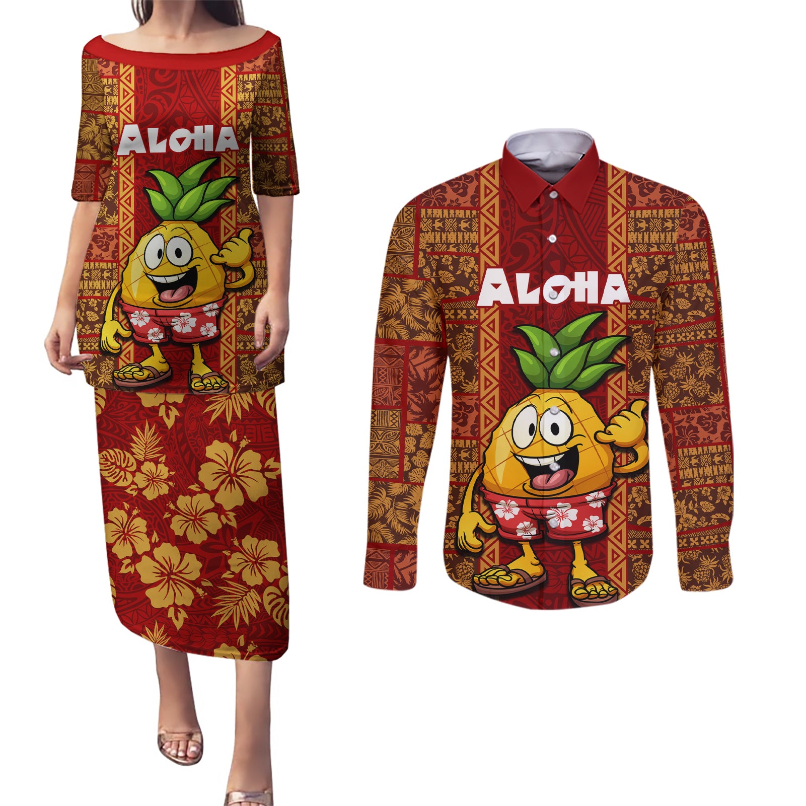 Custom Hawaii Couples Matching Puletasi Dress and Long Sleeve Button Shirt Aloha Funny Pineapple Mix Kakau Hawaiian Tribal LT03 Red - Polynesian Pride