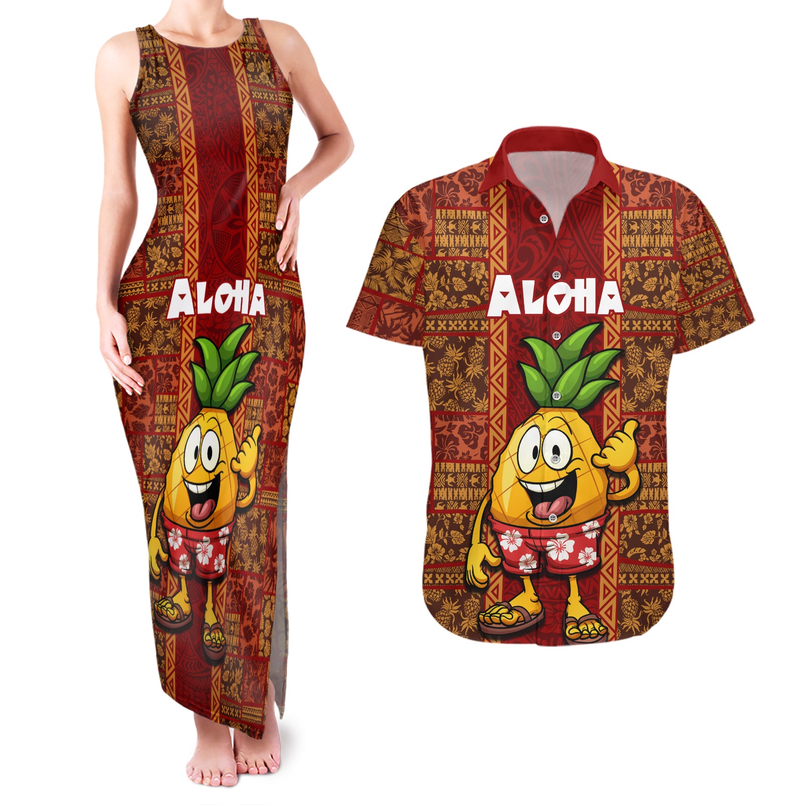 Custom Hawaii Couples Matching Tank Maxi Dress and Hawaiian Shirt Aloha Funny Pineapple Mix Kakau Hawaiian Tribal LT03 Red - Polynesian Pride