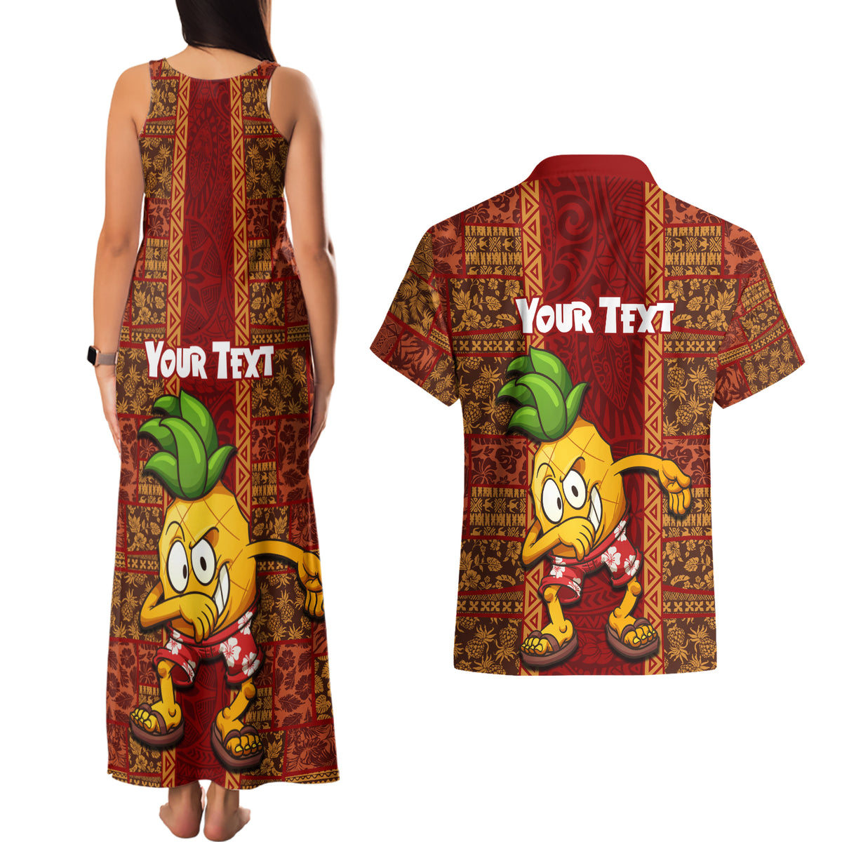 Custom Hawaii Couples Matching Tank Maxi Dress and Hawaiian Shirt Aloha Funny Pineapple Mix Kakau Hawaiian Tribal LT03 - Polynesian Pride