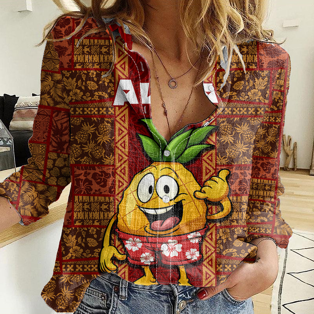 Custom Hawaii Women Casual Shirt Aloha Funny Pineapple Mix Kakau Hawaiian Tribal LT03 Female Red - Polynesian Pride