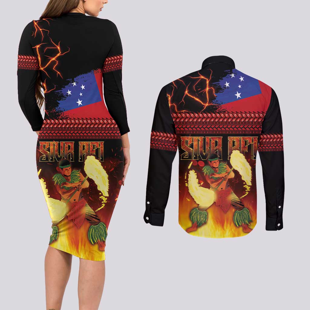 Samoan Siva Afi Couples Matching Long Sleeve Bodycon Dress and Long Sleeve Button Shirt Tribal Performers of Samoan Fire Knife Dancing