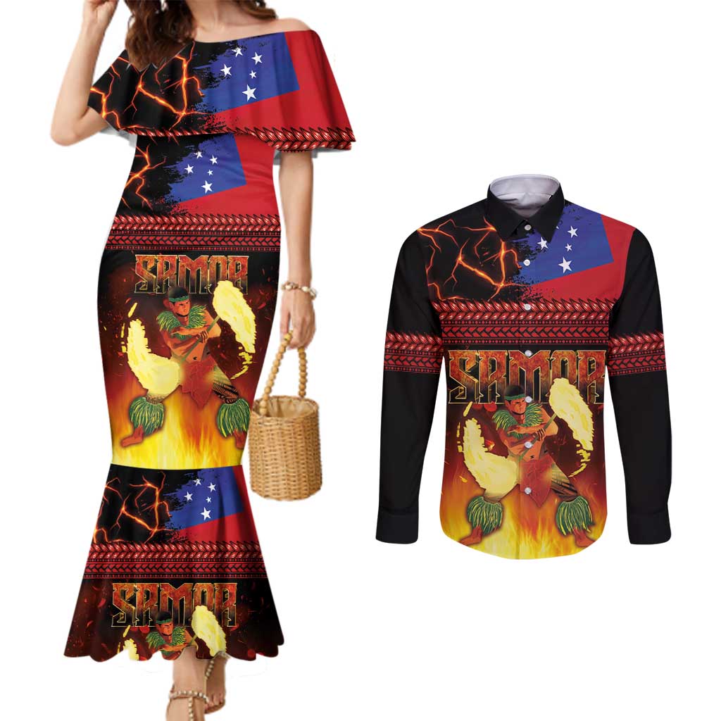 Samoan Siva Afi Couples Matching Mermaid Dress and Long Sleeve Button Shirt Tribal Performers of Samoan Fire Knife Dancing