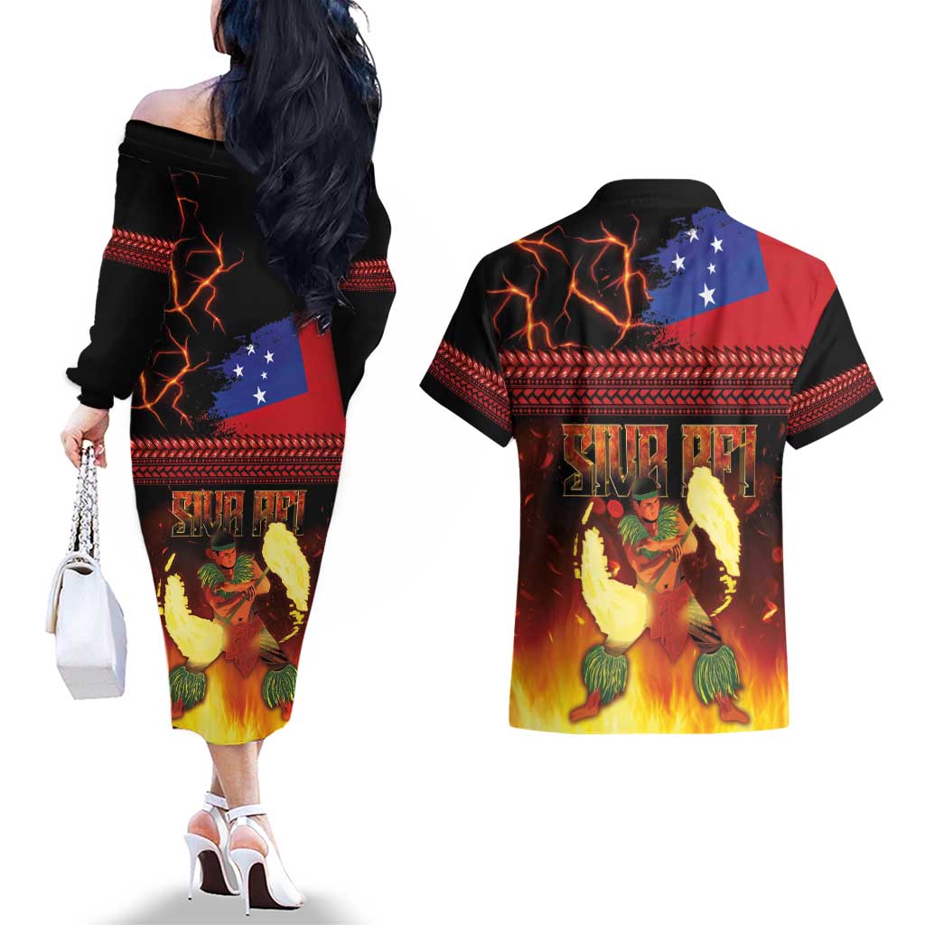 Samoan Siva Afi Couples Matching Off The Shoulder Long Sleeve Dress and Hawaiian Shirt Tribal Performers of Samoan Fire Knife Dancing