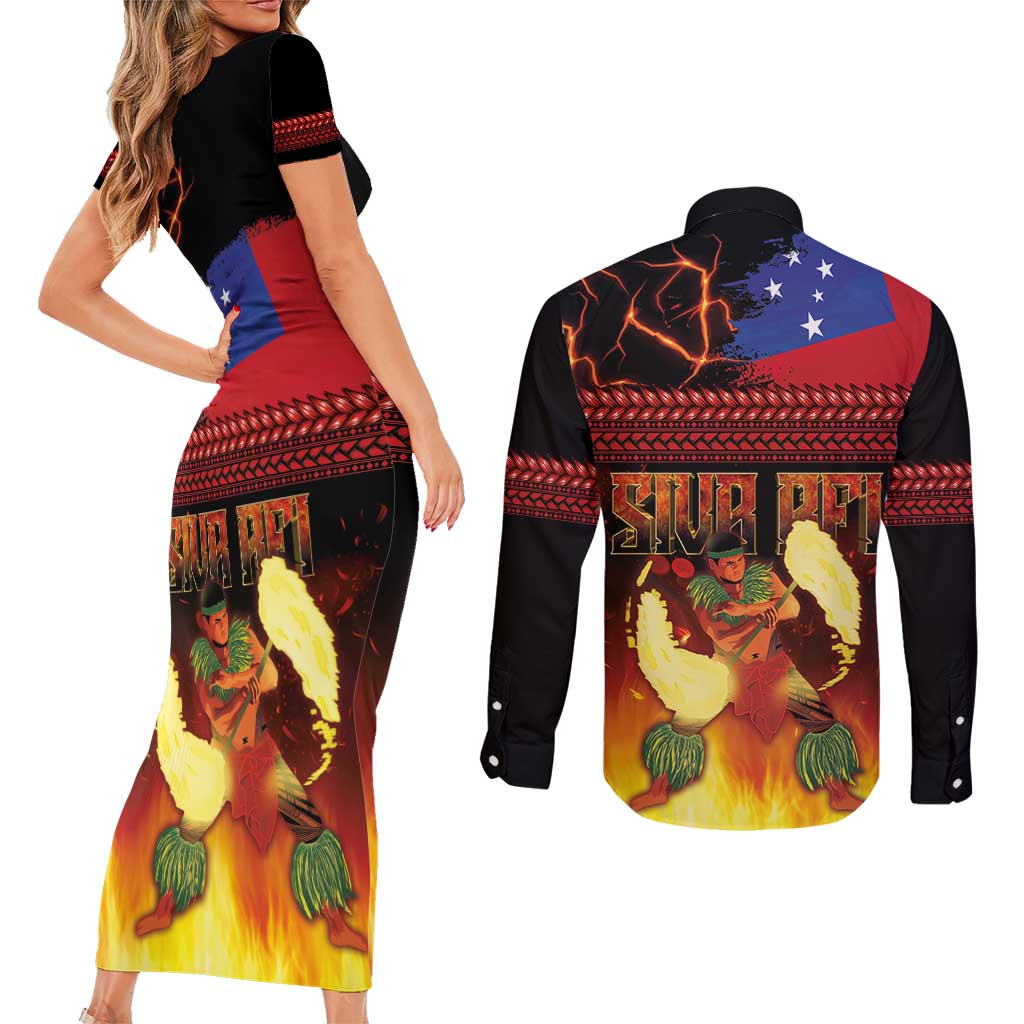 Samoan Siva Afi Couples Matching Short Sleeve Bodycon Dress and Long Sleeve Button Shirt Tribal Performers of Samoan Fire Knife Dancing