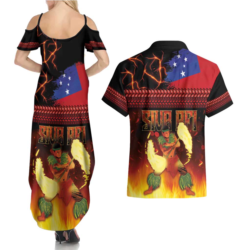 Samoan Siva Afi Couples Matching Summer Maxi Dress and Hawaiian Shirt Tribal Performers of Samoan Fire Knife Dancing