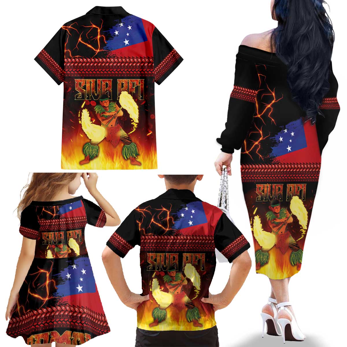 Samoan Siva Afi Family Matching Off The Shoulder Long Sleeve Dress and Hawaiian Shirt Tribal Performers of Samoan Fire Knife Dancing