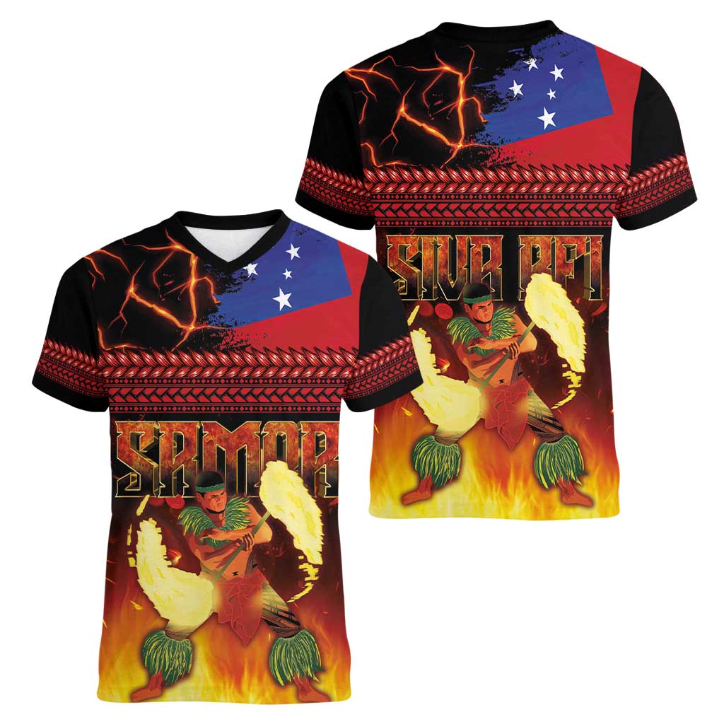 Samoan Siva Afi Women V-Neck T-Shirt Tribal Performers of Samoan Fire Knife Dancing