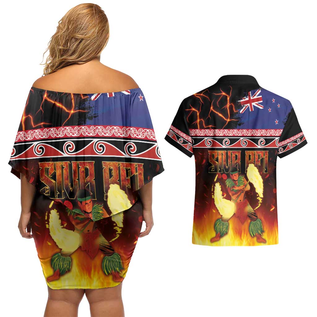 Aotearoa Siva Afi Couples Matching Off Shoulder Short Dress and Hawaiian Shirt Tribal Performers of Aotearoa Fire Knife Dancing