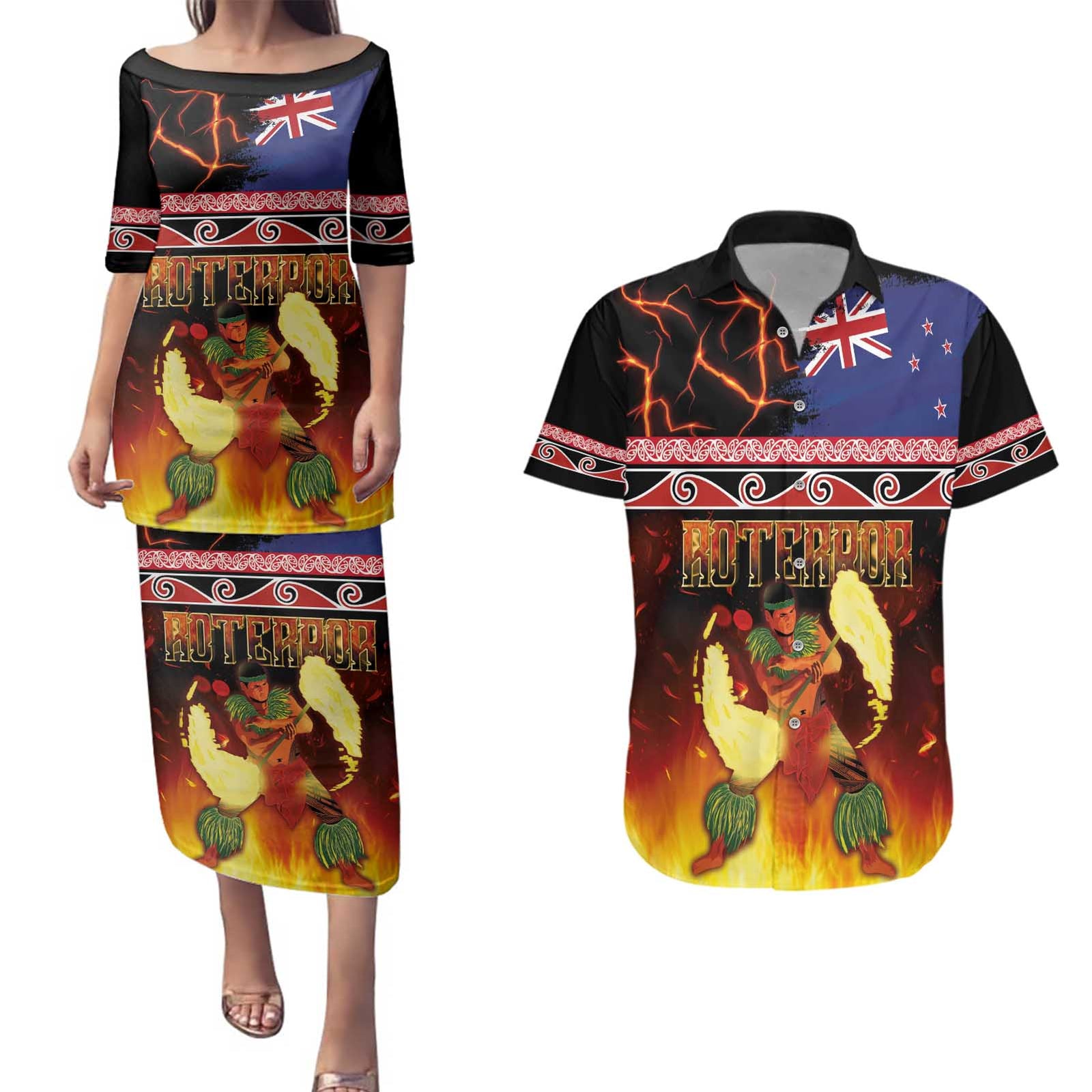 Aotearoa Siva Afi Couples Matching Puletasi and Hawaiian Shirt Tribal Performers of Aotearoa Fire Knife Dancing