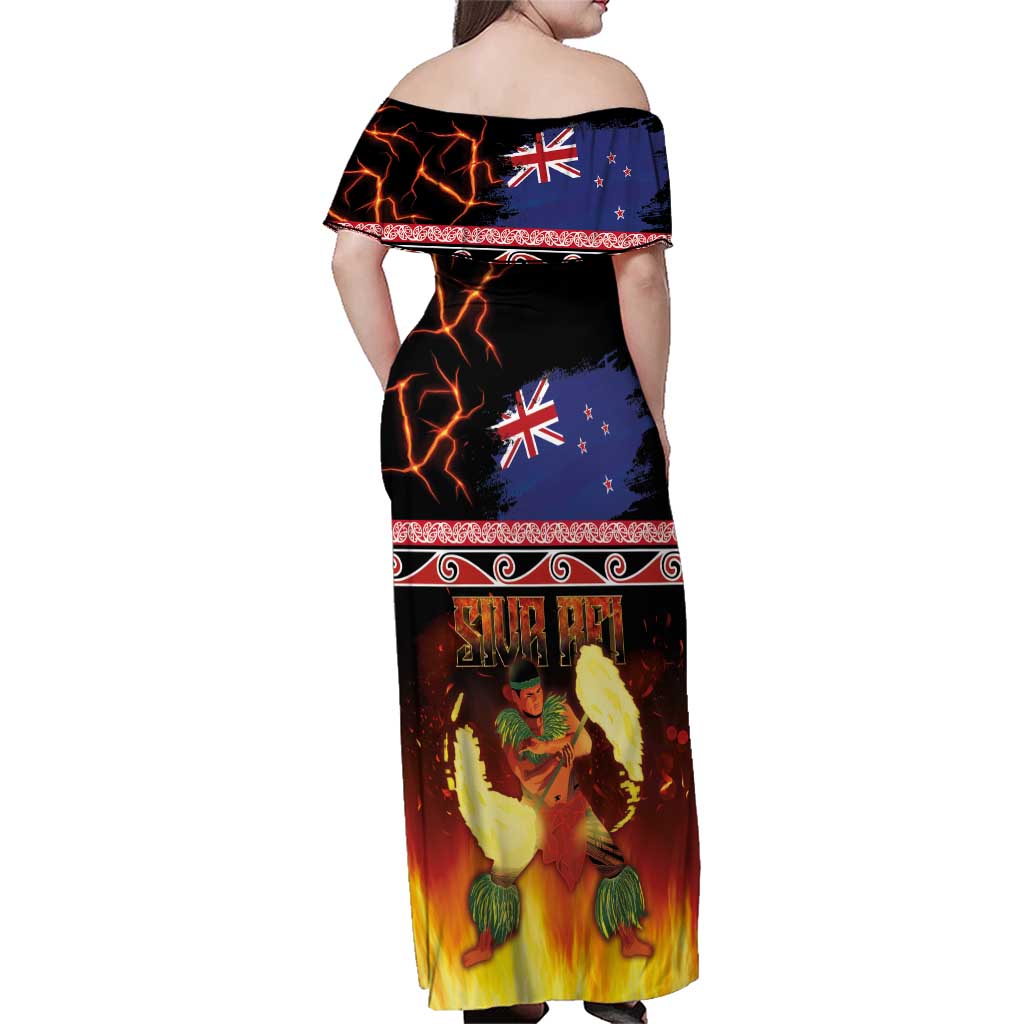 Aotearoa Siva Afi Family Matching Off Shoulder Maxi Dress and Hawaiian Shirt Tribal Performers of Aotearoa Fire Knife Dancing