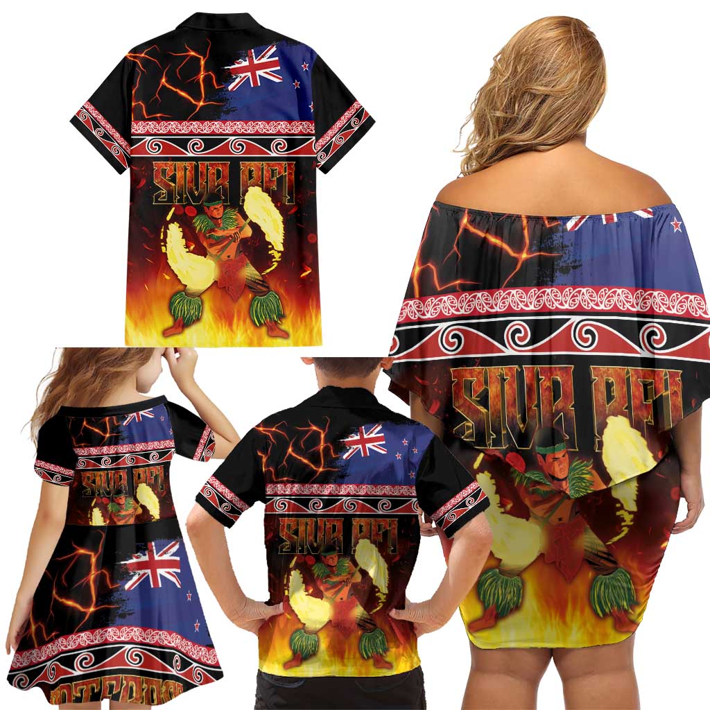 Aotearoa Siva Afi Family Matching Off Shoulder Short Dress and Hawaiian Shirt Tribal Performers of Aotearoa Fire Knife Dancing