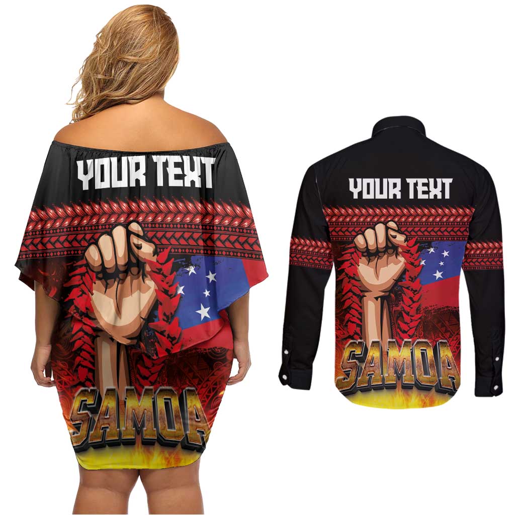 Personalised Samoan Spirit - Samoa Tribal Heritage Couples Matching Off Shoulder Short Dress and Long Sleeve Button Shirt