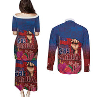 Proud of Samoa Couples Matching Puletasi and Long Sleeve Button Shirt Ula Nifo with Samoa 685 and Hibiscus Tapa Tribal Pattern