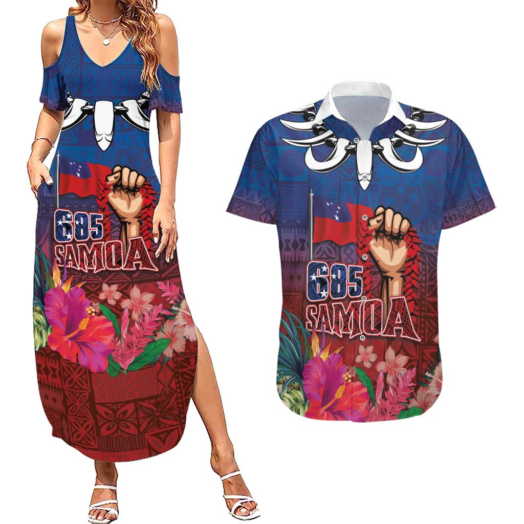 Proud of Samoa Couples Matching Summer Maxi Dress and Hawaiian Shirt Ula Nifo with Samoa 685 and Hibiscus Tapa Tribal Pattern
