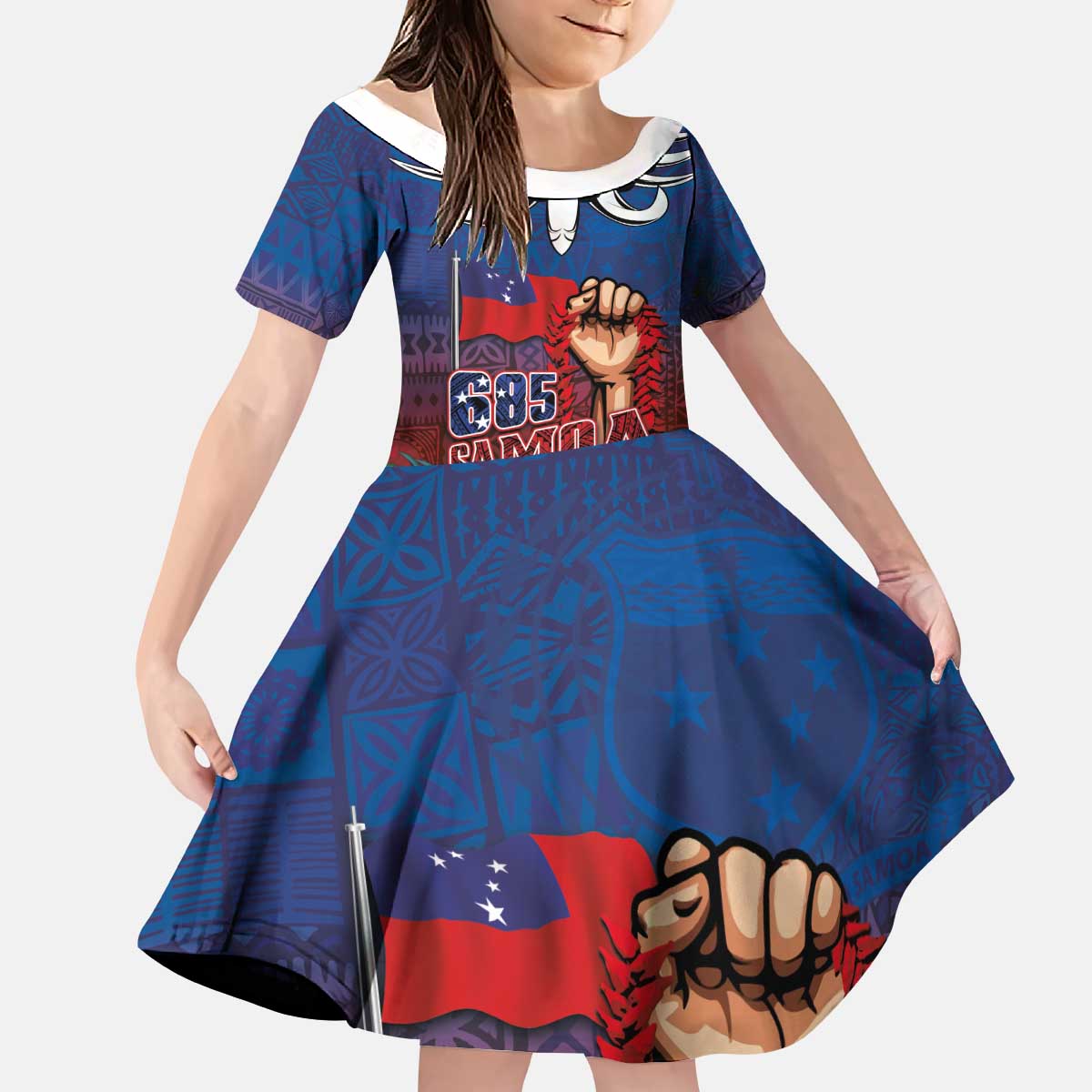 Proud of Samoa Kid Short Sleeve Dress Ula Nifo with Samoa 685 and Hibiscus Tapa Tribal Pattern LT03 KID Blue - Polynesian Pride