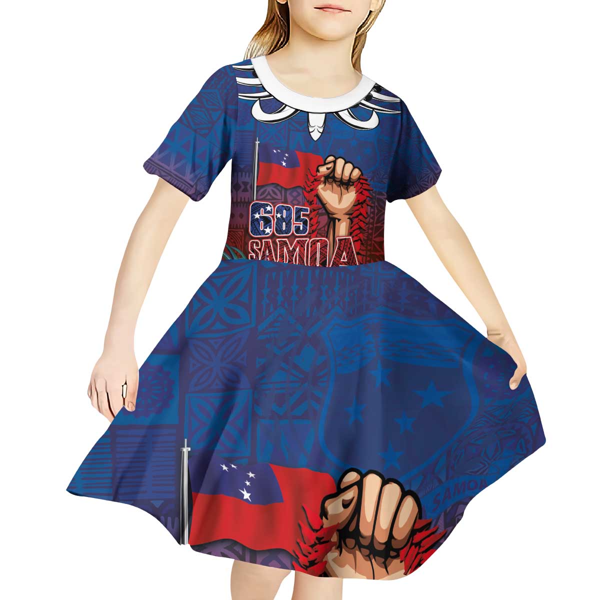 Proud of Samoa Kid Short Sleeve Dress Ula Nifo with Samoa 685 and Hibiscus Tapa Tribal Pattern LT03 - Polynesian Pride