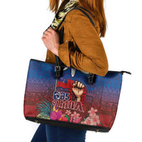Proud of Samoa Leather Tote Bag Ula Nifo with Samoa 685 and Hibiscus Tapa Tribal Pattern LT03 Blue - Polynesian Pride