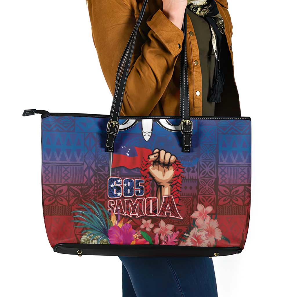 Proud of Samoa Leather Tote Bag Ula Nifo with Samoa 685 and Hibiscus Tapa Tribal Pattern LT03 - Polynesian Pride