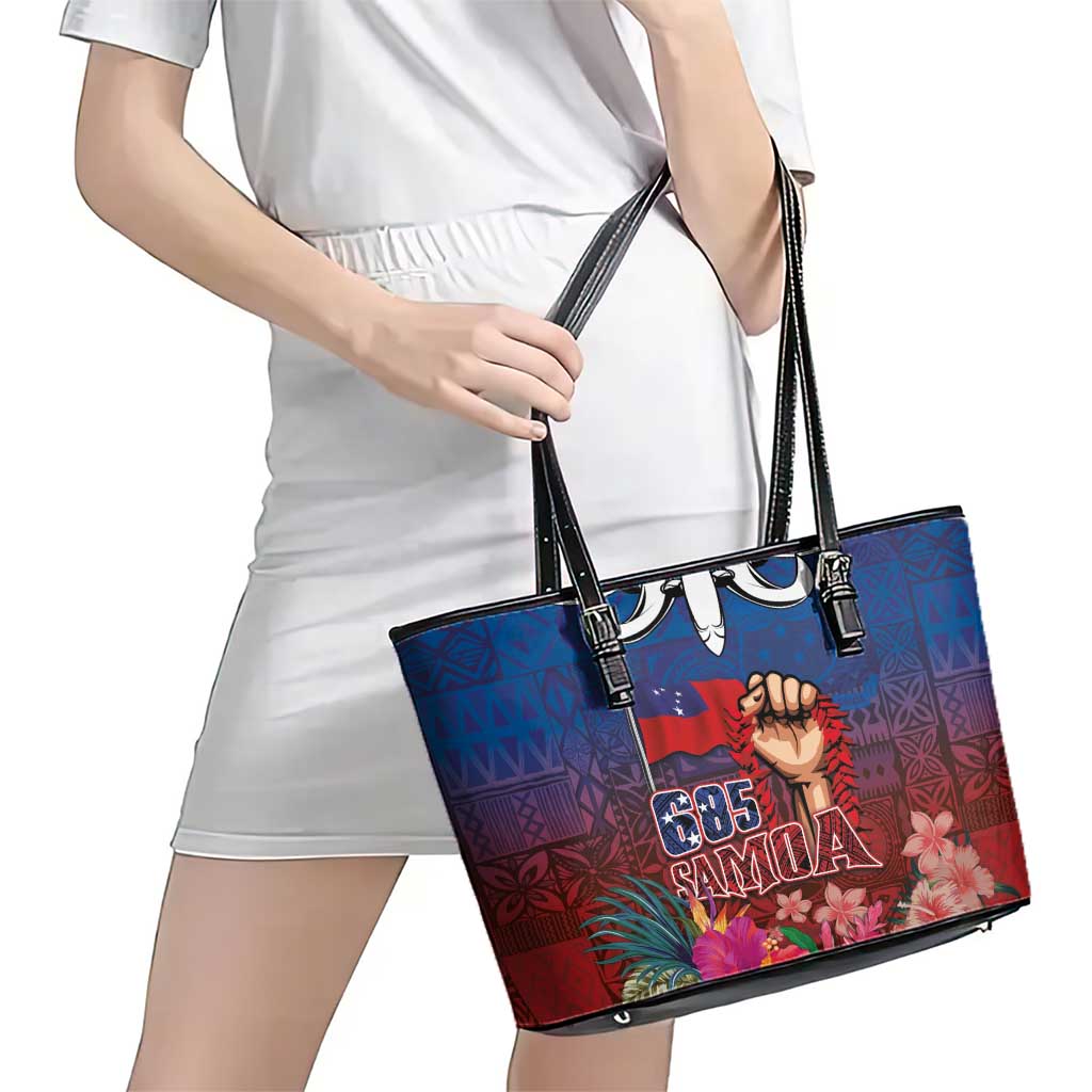 Proud of Samoa Leather Tote Bag Ula Nifo with Samoa 685 and Hibiscus Tapa Tribal Pattern LT03 - Polynesian Pride