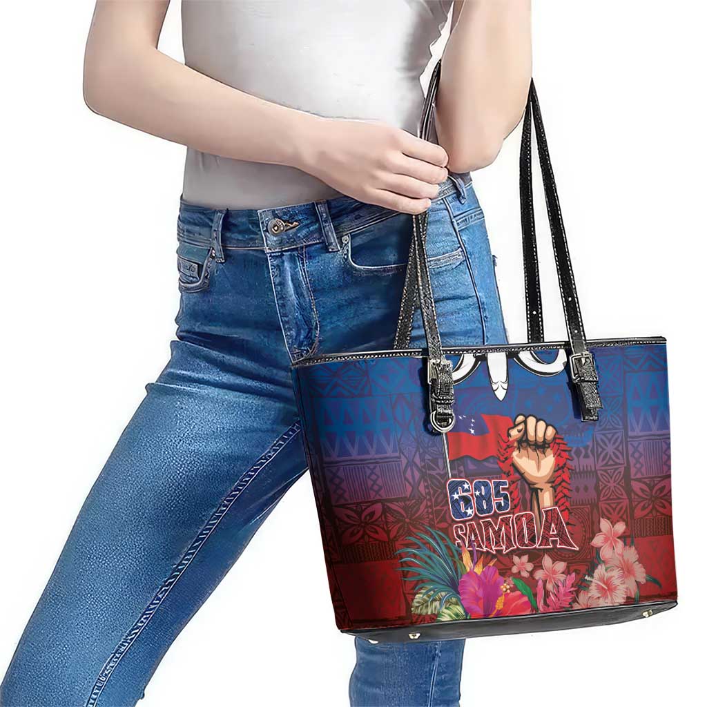 Proud of Samoa Leather Tote Bag Ula Nifo with Samoa 685 and Hibiscus Tapa Tribal Pattern LT03 - Polynesian Pride