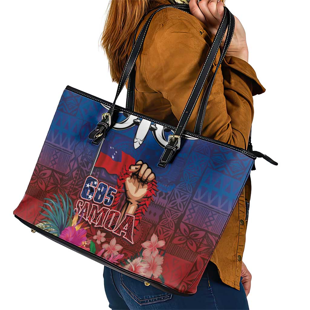 Proud of Samoa Leather Tote Bag Ula Nifo with Samoa 685 and Hibiscus Tapa Tribal Pattern LT03 - Polynesian Pride