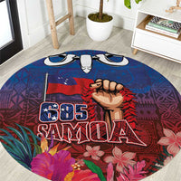 Proud of Samoa Round Carpet Ula Nifo with Samoa 685 and Hibiscus Tapa Tribal Pattern LT03 Blue - Polynesian Pride