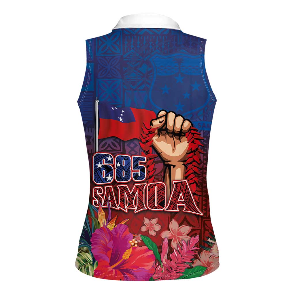 Proud of Samoa Women Sleeveless Polo Shirt Ula Nifo with Samoa 685 and Hibiscus Tapa Tribal Pattern