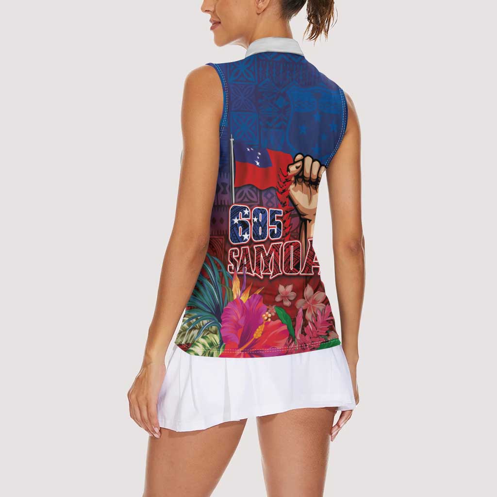 Proud of Samoa Women Sleeveless Polo Shirt Ula Nifo with Samoa 685 and Hibiscus Tapa Tribal Pattern