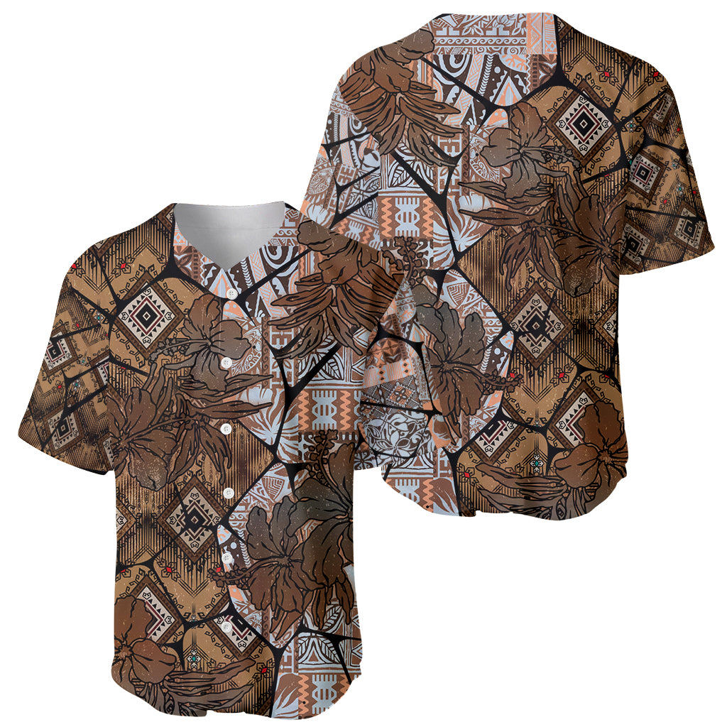 Fiji Masi Tapa Tribal Baseball Jersey Old Hibiscus Vintage Style LT03 - Polynesian Pride