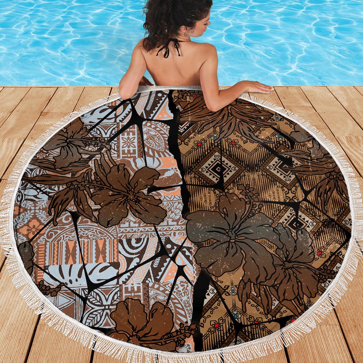 Fiji Masi Tapa Tribal Beach Blanket Old Hibiscus Vintage Style LT03 - Polynesian Pride