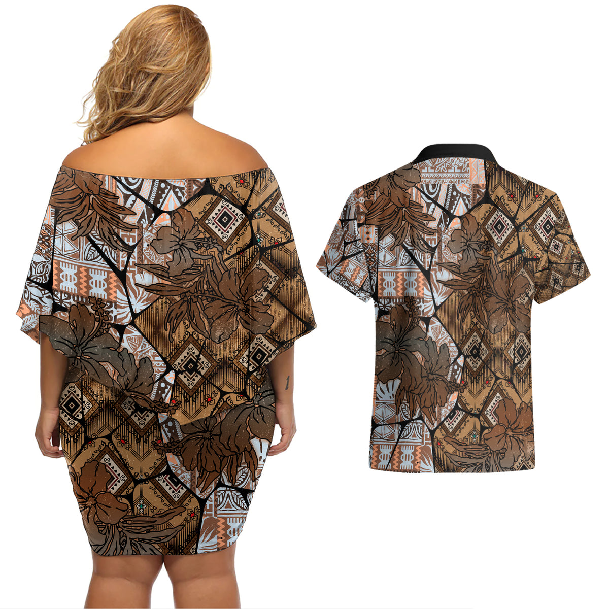 Fiji Masi Tapa Tribal Couples Matching Off Shoulder Short Dress and Hawaiian Shirt Old Hibiscus Vintage Style LT03 - Polynesian Pride
