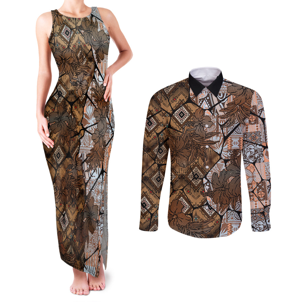 Fiji Masi Tapa Tribal Couples Matching Tank Maxi Dress and Long Sleeve Button Shirt Old Hibiscus Vintage Style LT03 Brown - Polynesian Pride