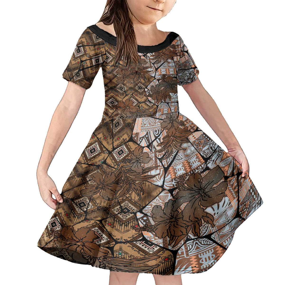 Fiji Masi Tapa Tribal Family Matching Long Sleeve Bodycon Dress and Hawaiian Shirt Old Hibiscus Vintage Style LT03 Daughter's Dress Brown - Polynesian Pride
