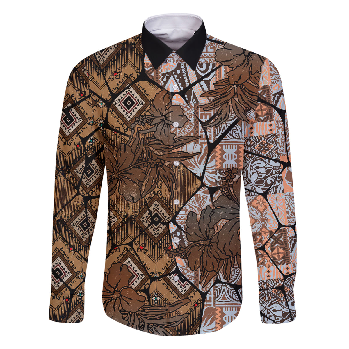 Fiji Masi Tapa Tribal Family Matching Long Sleeve Bodycon Dress and Hawaiian Shirt Old Hibiscus Vintage Style LT03 Dad's Shirt - Long Sleeve Brown - Polynesian Pride