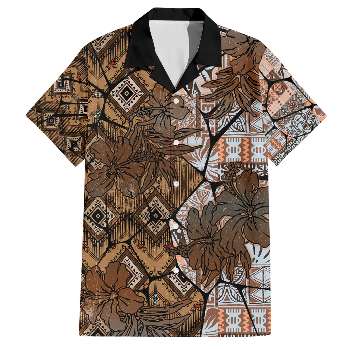 Fiji Masi Tapa Tribal Family Matching Short Sleeve Bodycon Dress and Hawaiian Shirt Old Hibiscus Vintage Style LT03 Dad's Shirt - Short Sleeve Brown - Polynesian Pride