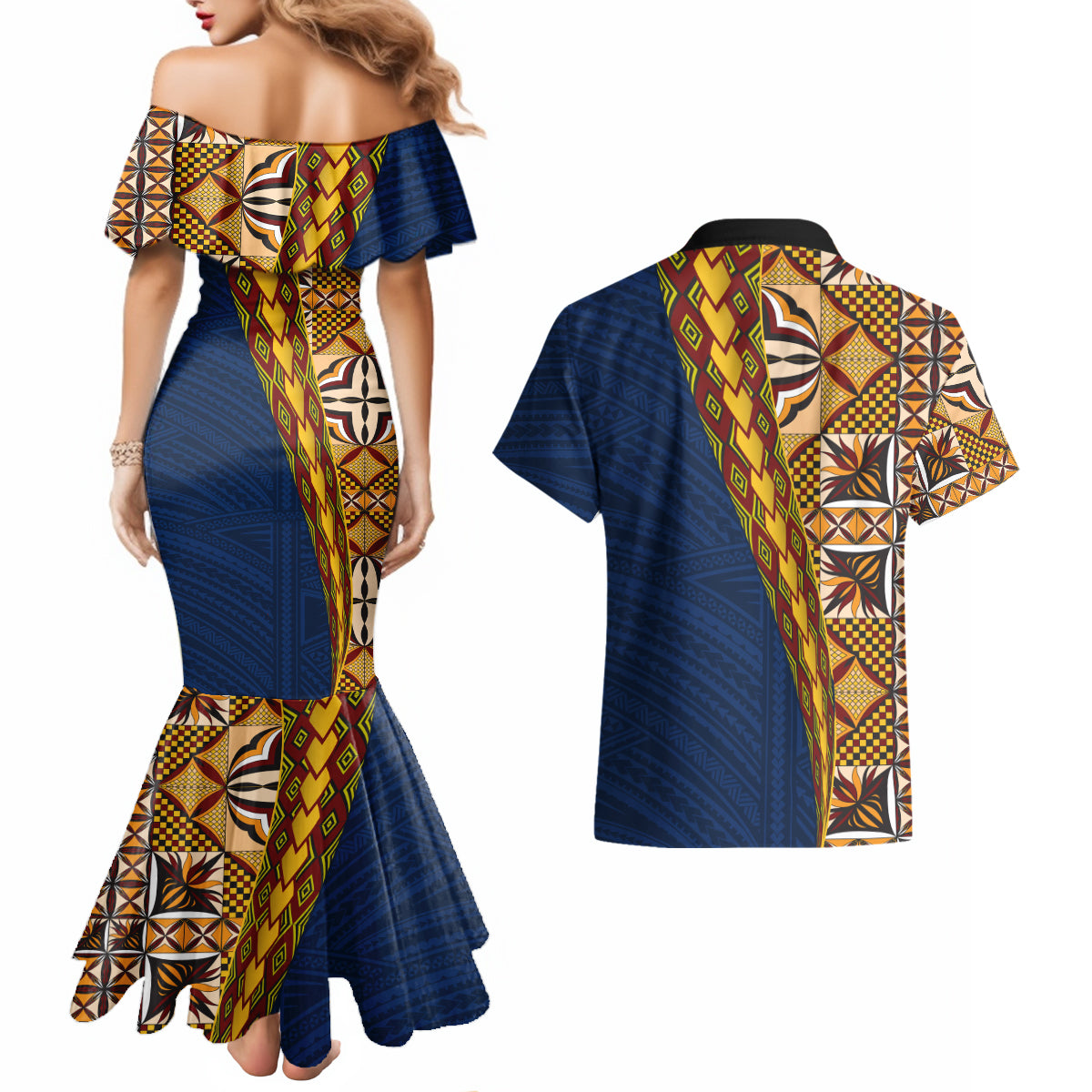 Samoan Siapo Couples Matching Mermaid Dress and Hawaiian Shirt Tatau Pattern Half Style LT03 - Polynesian Pride