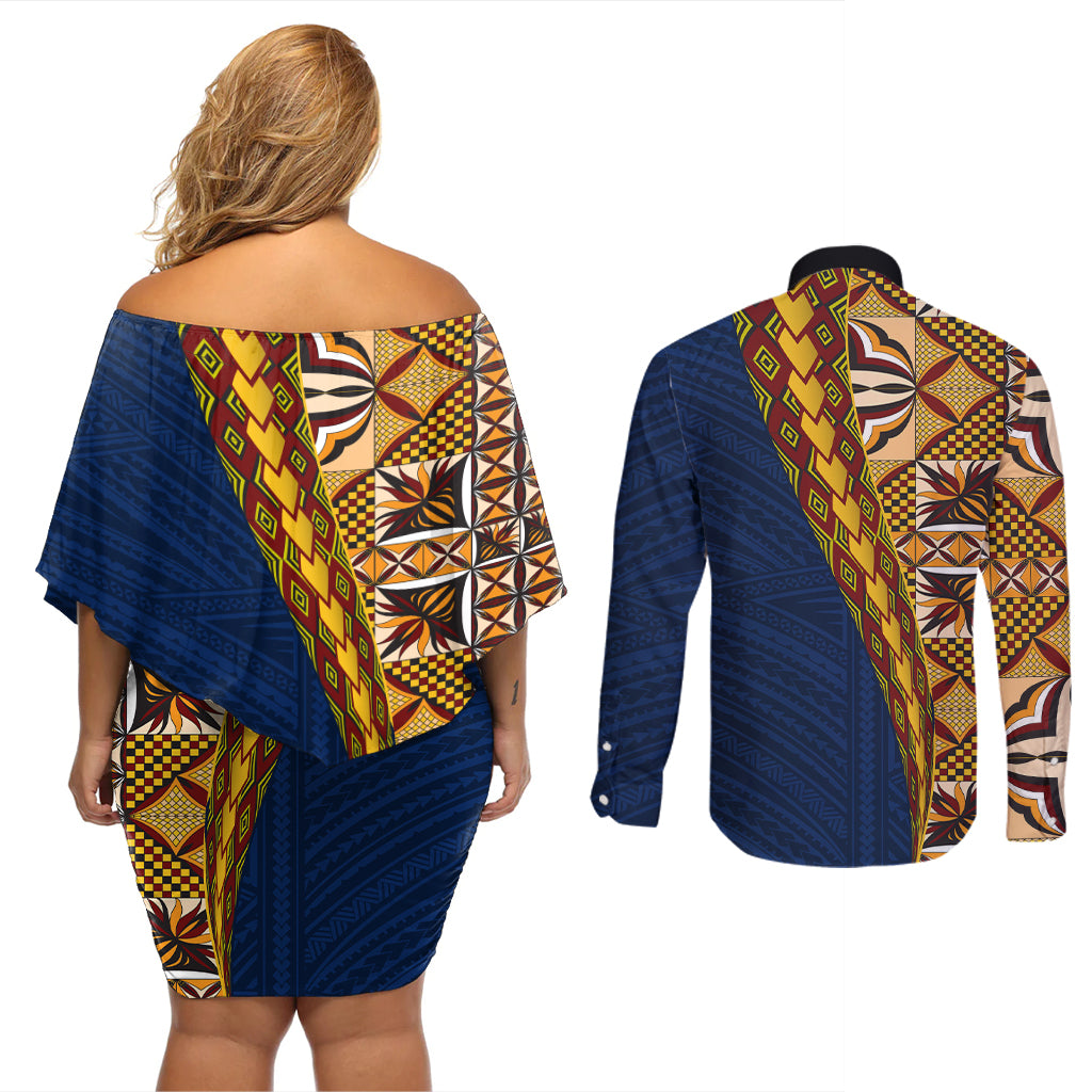 Samoan Siapo Couples Matching Off Shoulder Short Dress and Long Sleeve Button Shirt Tatau Pattern Half Style LT03 - Polynesian Pride