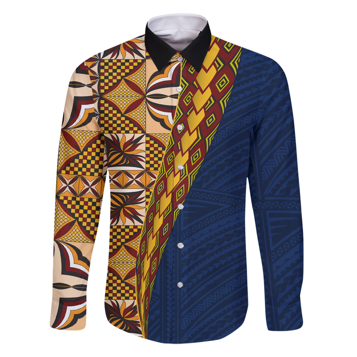 Samoan Siapo Family Matching Off Shoulder Long Sleeve Dress and Hawaiian Shirt Tatau Pattern Half Style LT03 Dad's Shirt - Long Sleeve Yellow - Polynesian Pride