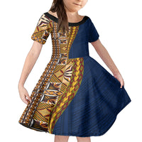 Samoan Siapo Family Matching Puletasi and Hawaiian Shirt Tatau Pattern Half Style LT03 Daughter's Dress Yellow - Polynesian Pride