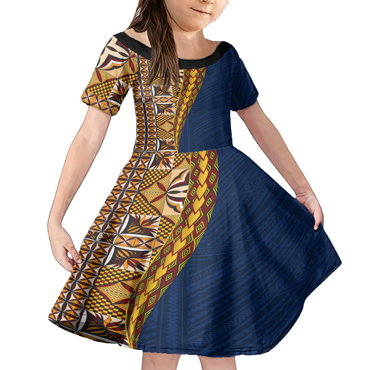 Samoan Siapo Family Matching Summer Maxi Dress and Hawaiian Shirt Tatau Pattern Half Style LT03 Daughter's Dress Yellow - Polynesian Pride