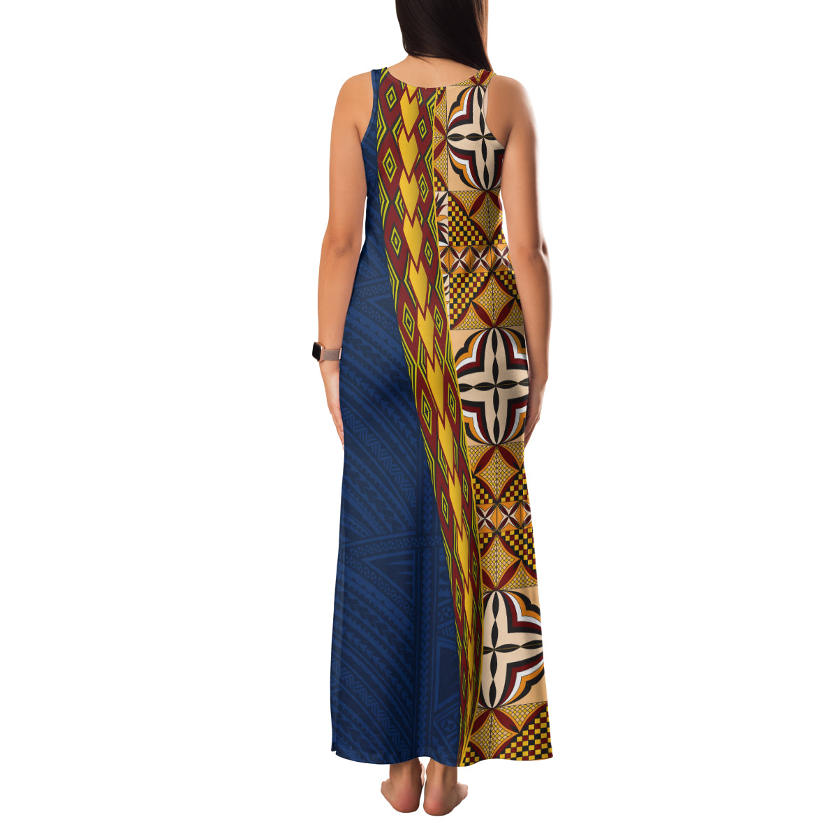 Samoan Siapo Family Matching Tank Maxi Dress and Hawaiian Shirt Tatau Pattern Half Style LT03 - Polynesian Pride