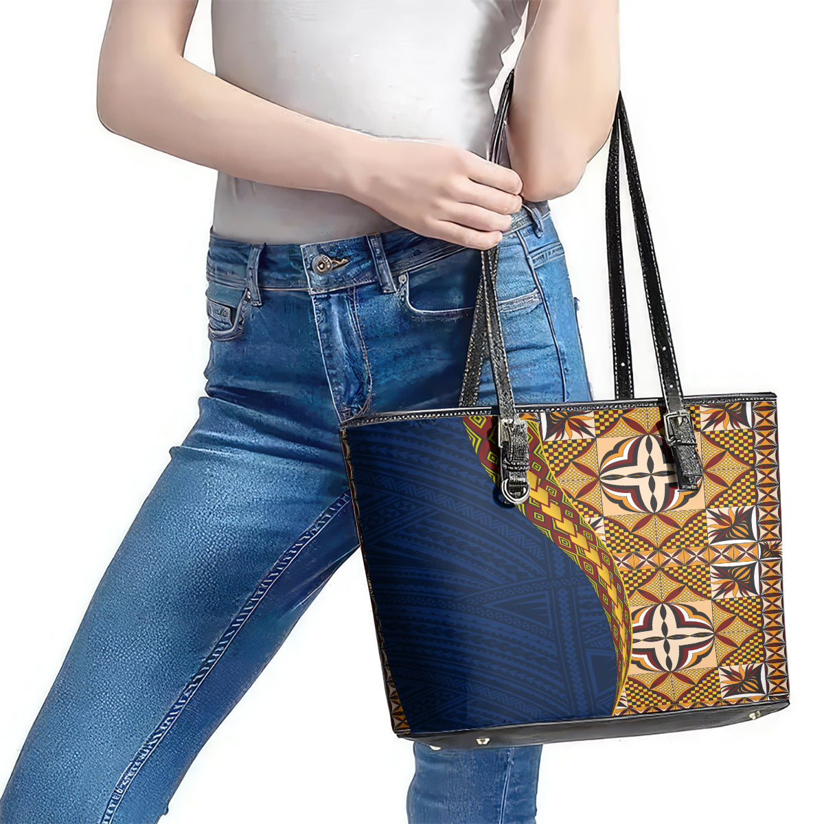 Samoan Siapo Leather Tote Bag Tatau Pattern Half Style LT03 - Polynesian Pride