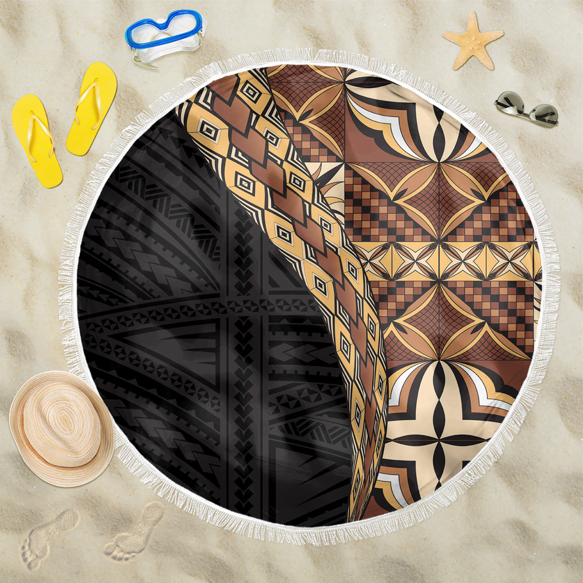 Samoan Siapo Beach Blanket Tatau Pattern Half Style Retro Mode LT03 One Size 150cm Brown - Polynesian Pride