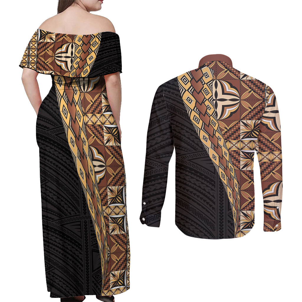 Samoan Siapo Couples Matching Off Shoulder Maxi Dress and Long Sleeve Button Shirt Tatau Pattern Half Style Retro Mode LT03 - Polynesian Pride