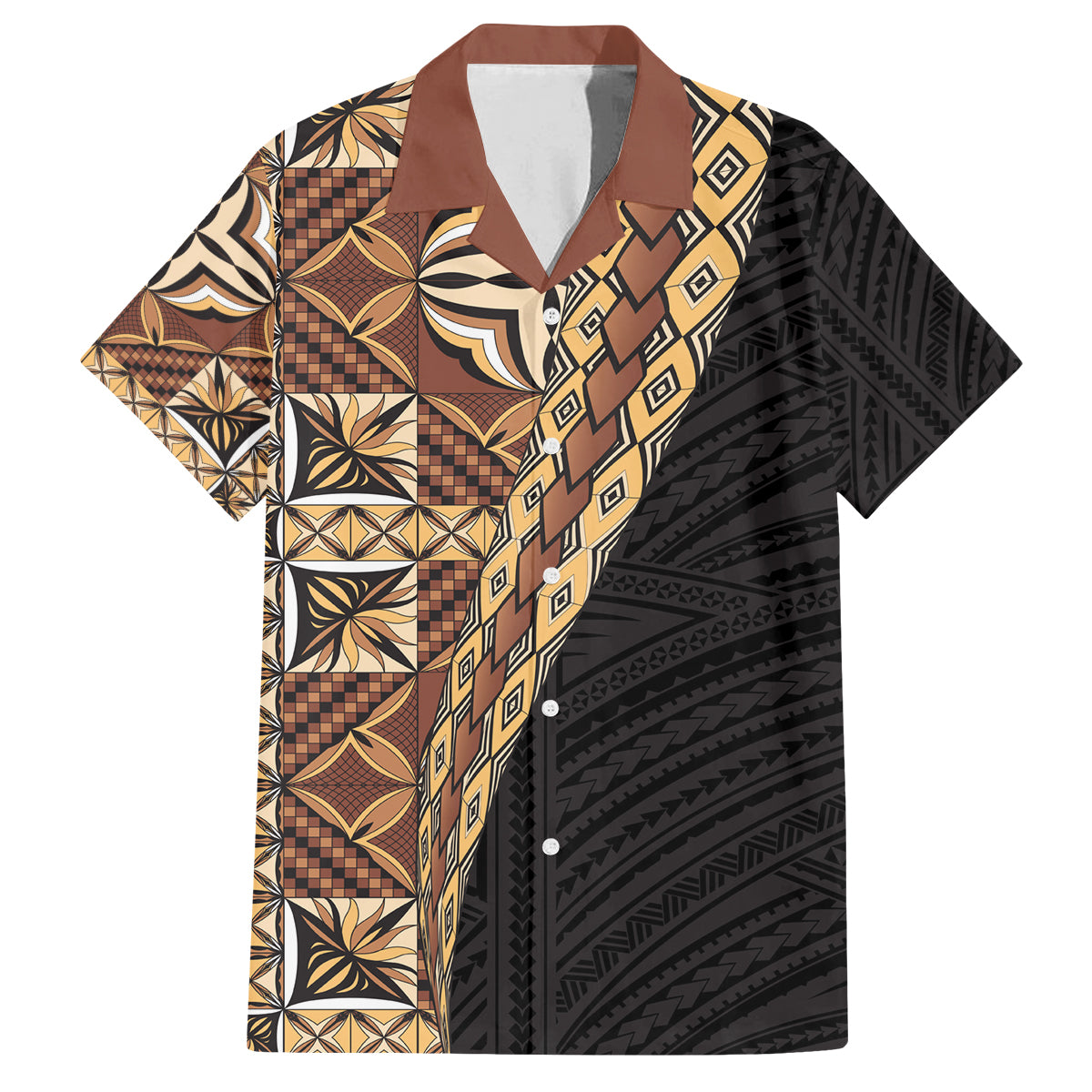 Samoan Siapo Family Matching Off Shoulder Maxi Dress and Hawaiian Shirt Tatau Pattern Half Style Retro Mode LT03 Dad's Shirt - Short Sleeve Brown - Polynesian Pride